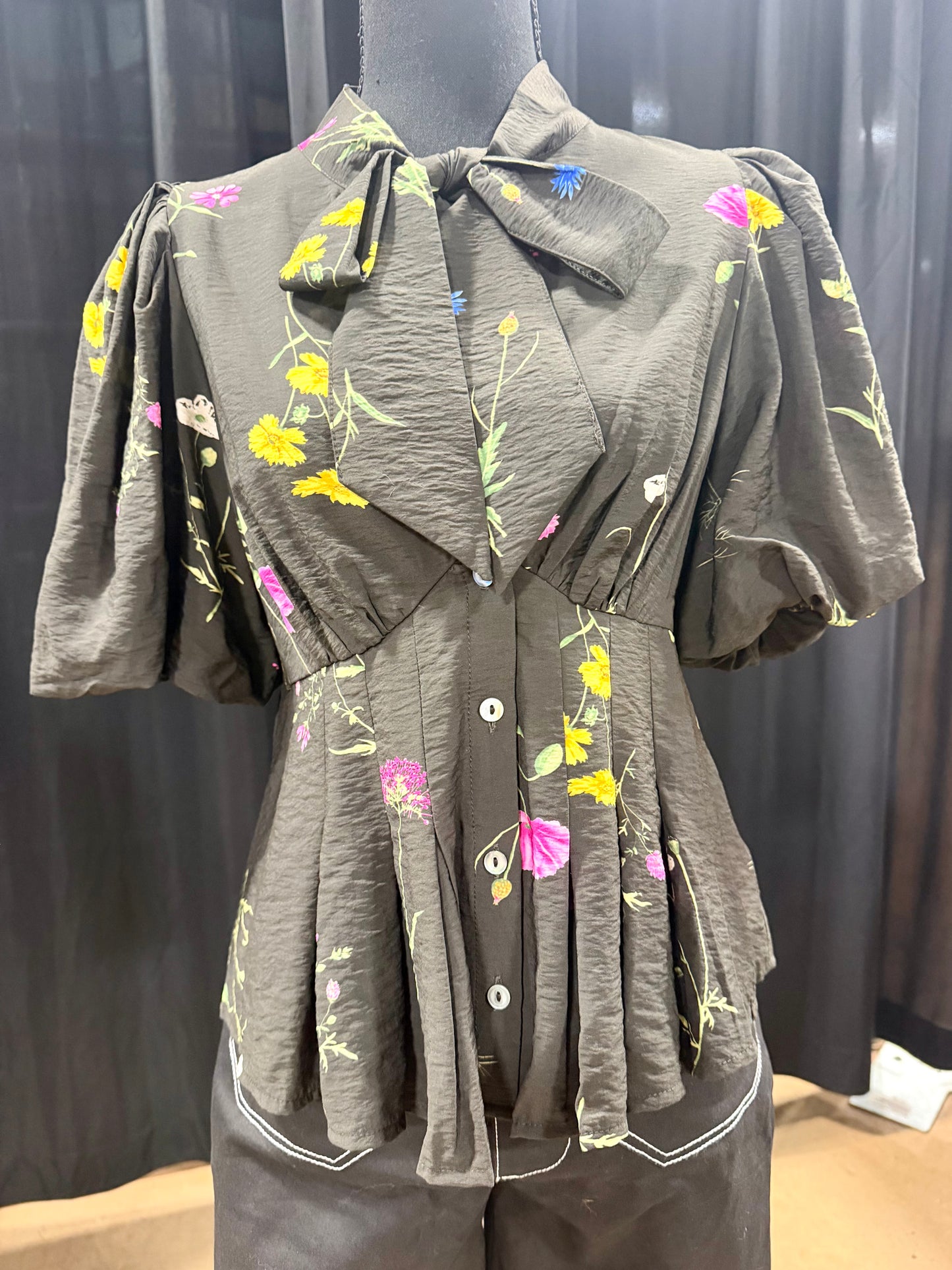 Floral Black Tie Top
